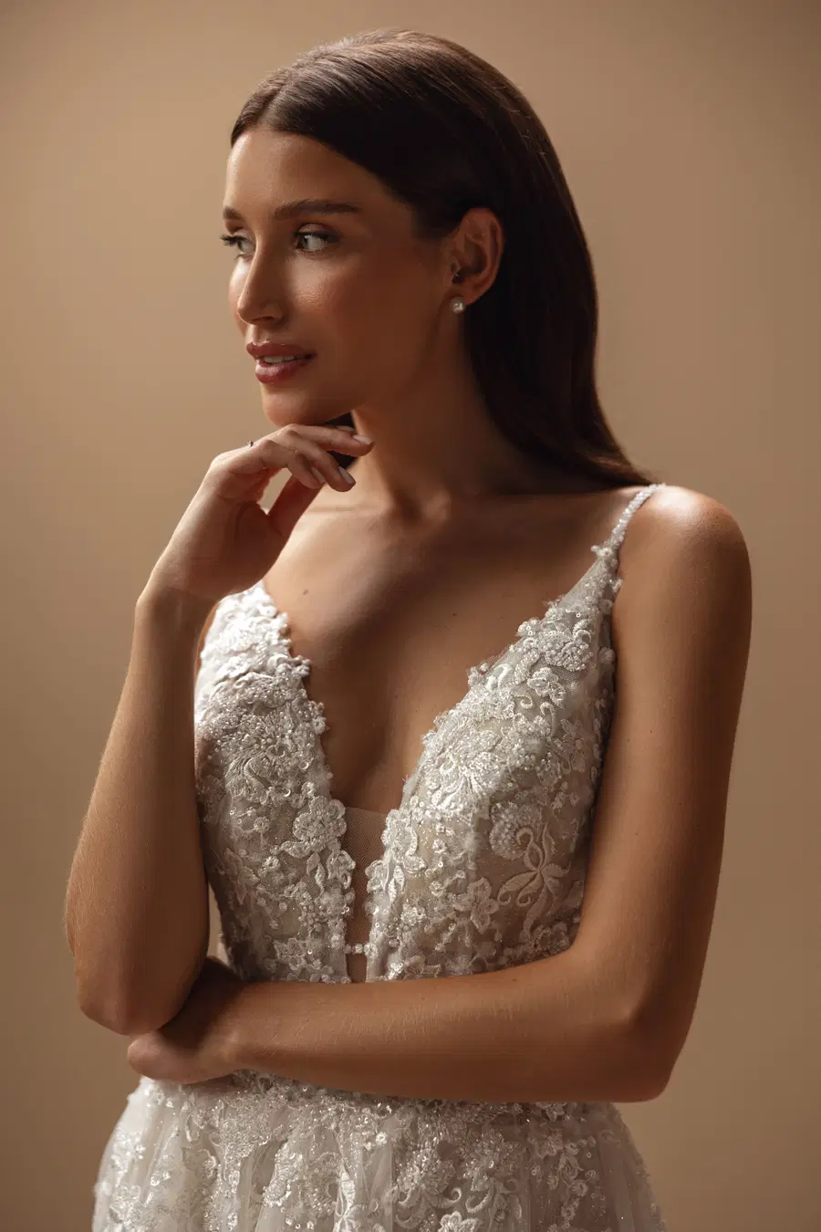 Azari by Ella Novia: A-Line silhouette, deep V-neck neckline, sleeveless, lace