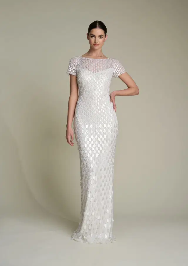 Milo by Eliza Jane Howell: Trumpet silhouette, boat neck neckline, short sleeves, tulle