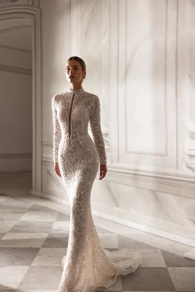 Cleo by Tina Valerdi: Mermaid silhouette, high / halter neckline, long sleeves, lace