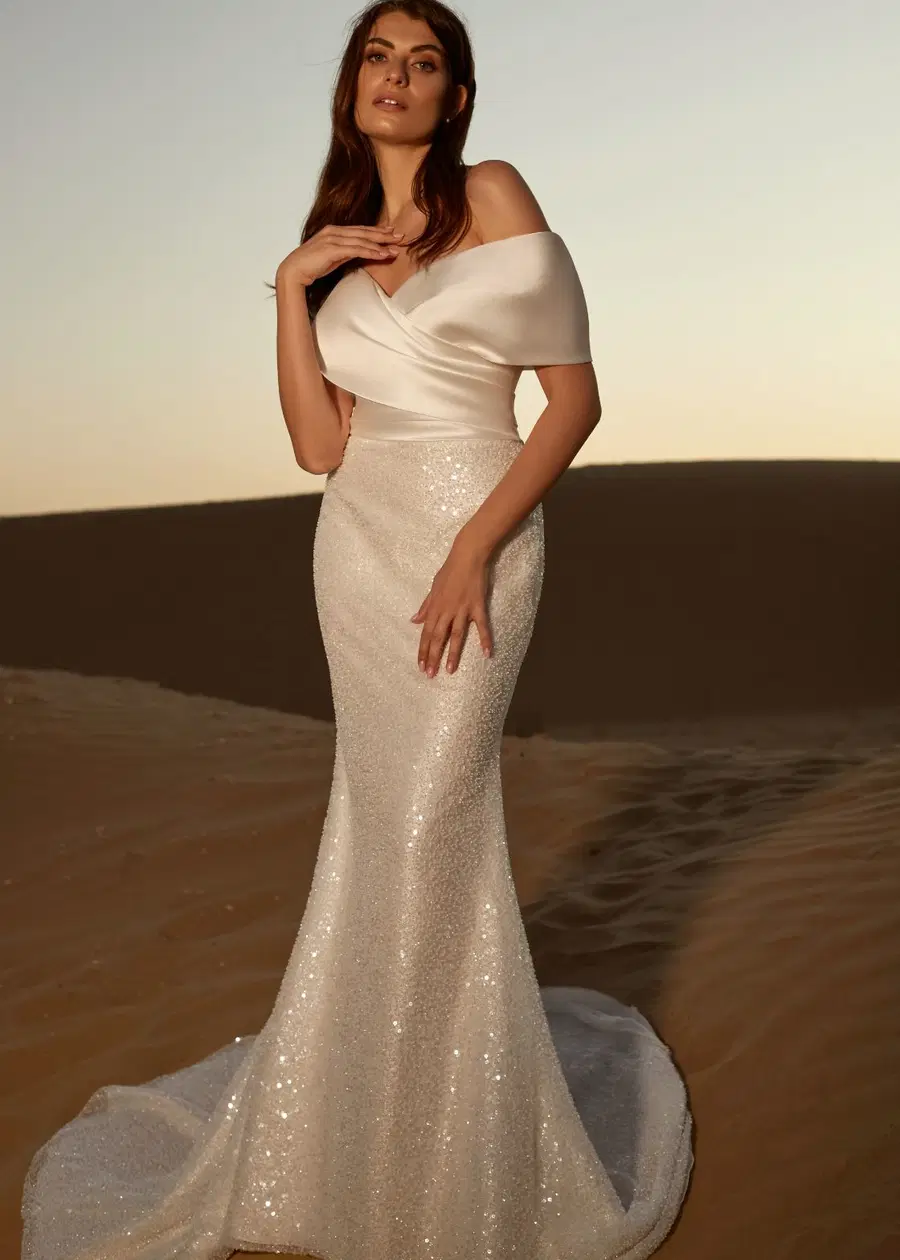 LOTUS by Dando London: Mermaid silhouette, off-shoulder neckline, sleeveless, satin