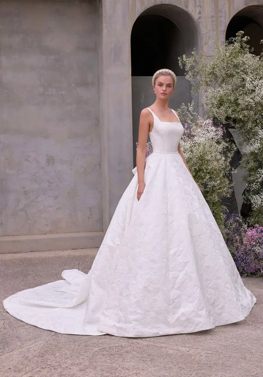 Delta by Mori Lee: Ball Gown silhouette, square neckline, brocade
