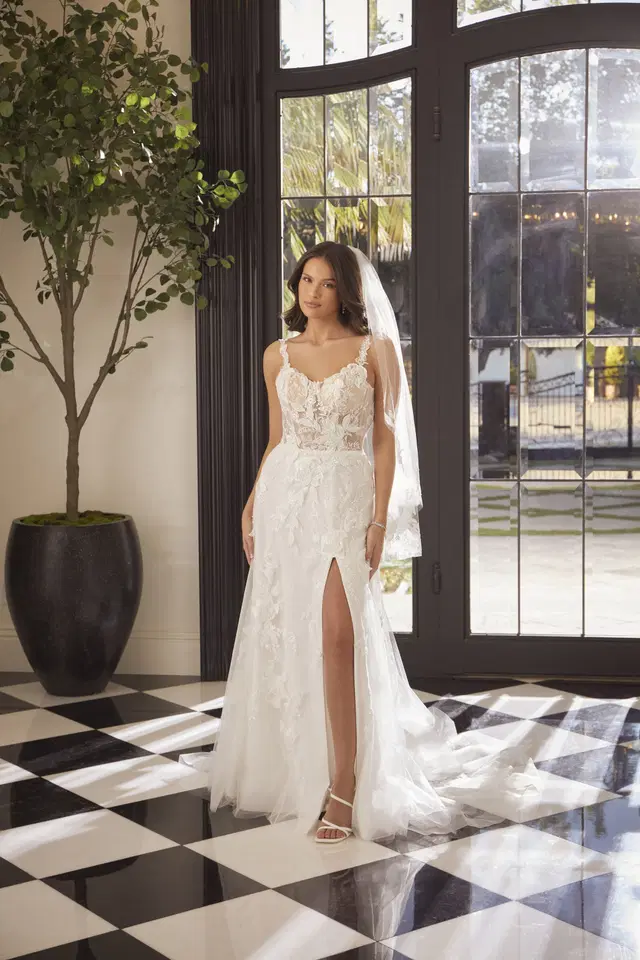 Brienne by Casablanca Bridal: A-Line silhouette, scoop neckline, short sleeves, tulle