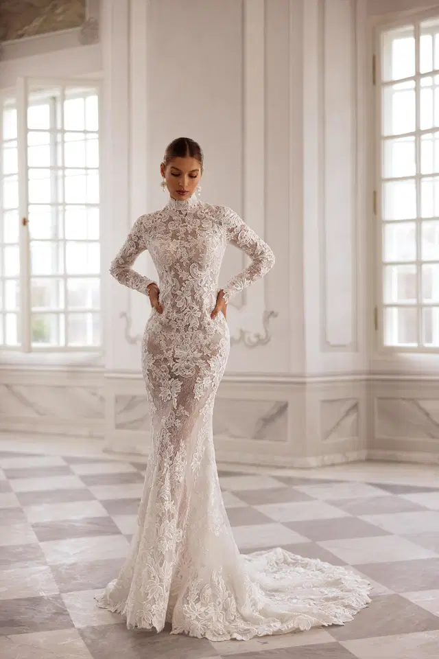 Lola by Tina Valerdi: Mermaid silhouette, high / halter neckline, long sleeves, lace