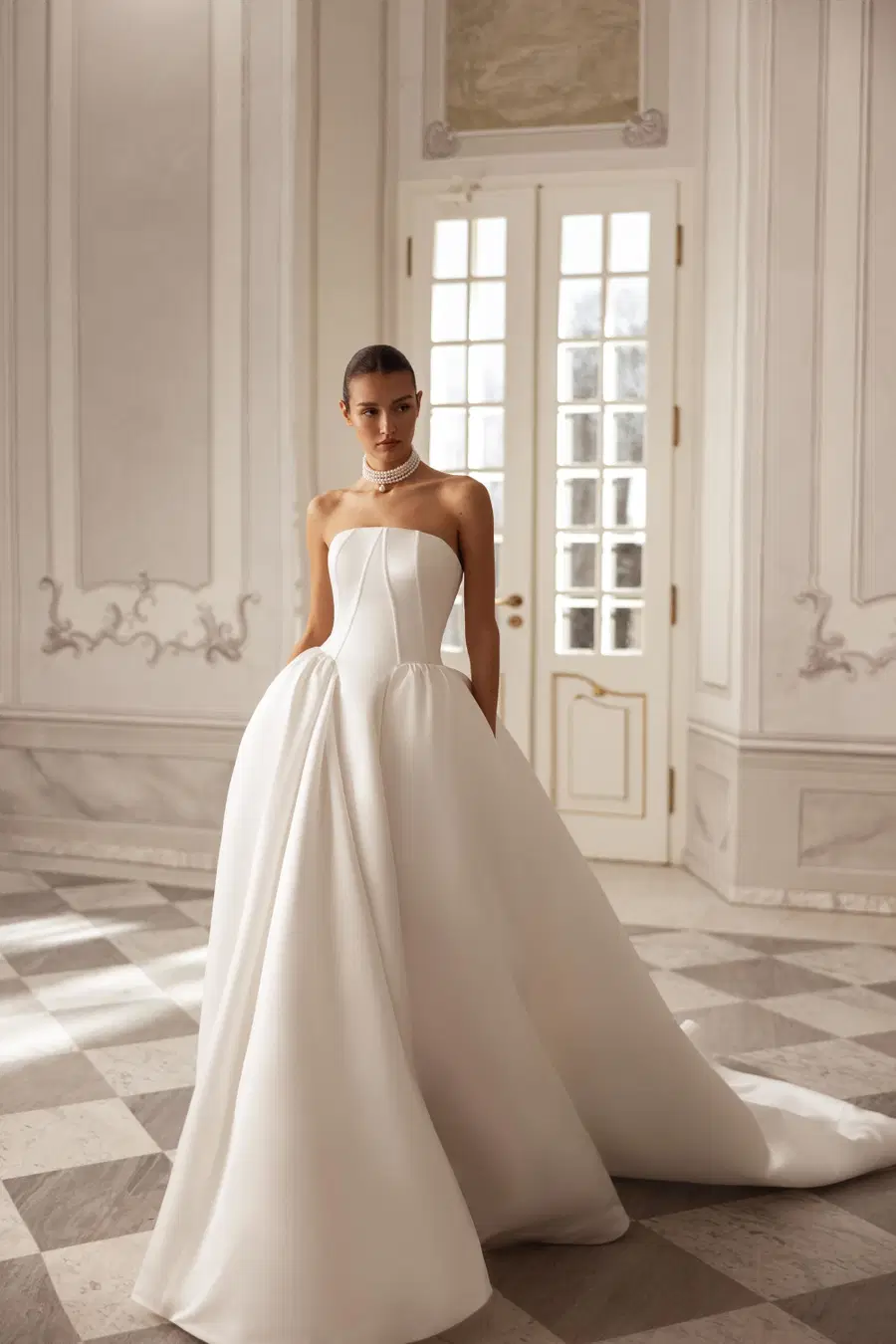 Alma by Tina Valerdi: Princess silhouette, straight neckline, sleeveless, mikado