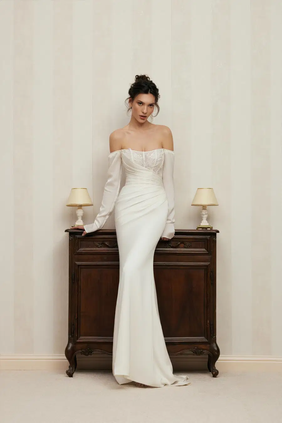 Tayana by Anne Mariée: straight neckline, long sleeves, crepe