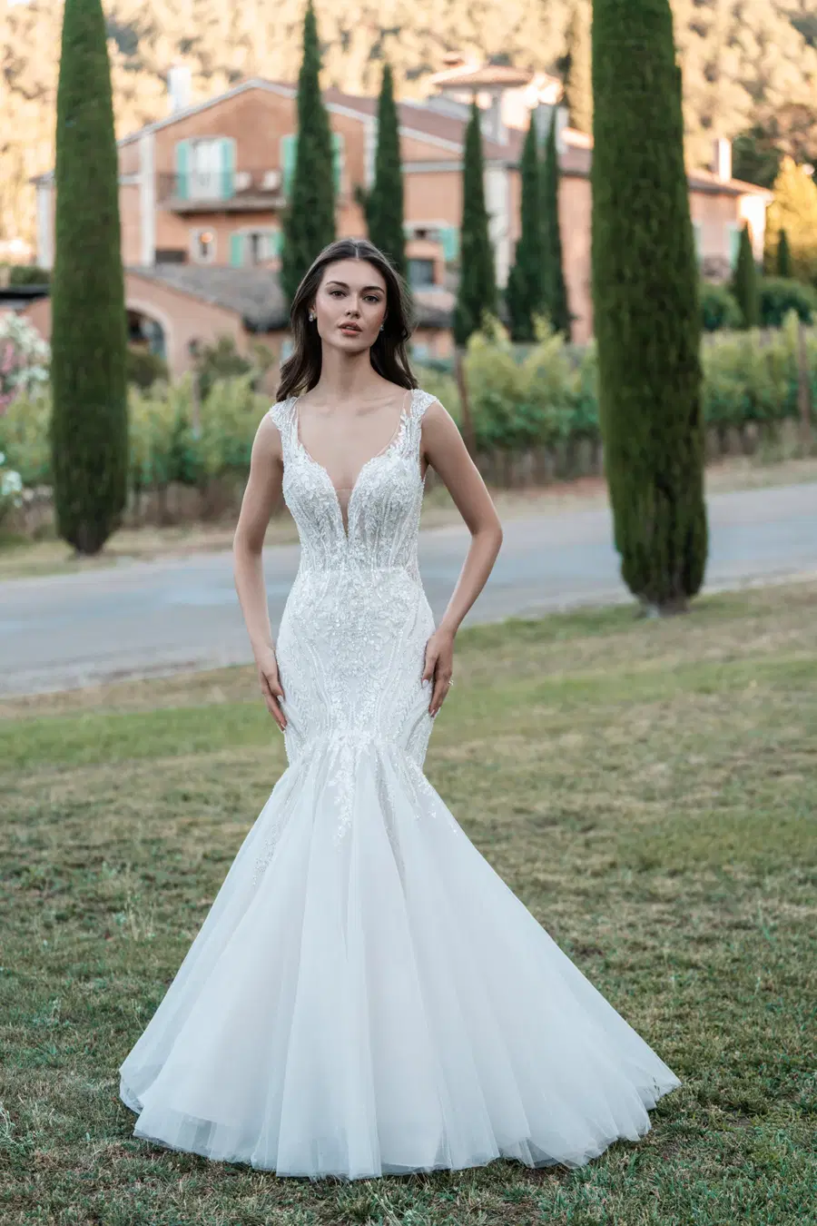 A1320 by Allure Bridals: Fit & Flare silhouette, deep V-neck neckline, sleeveless, tulle