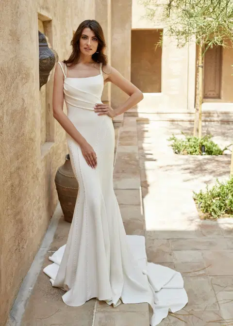 Tulip wedding dress by Dando London, fit & flare, crepe