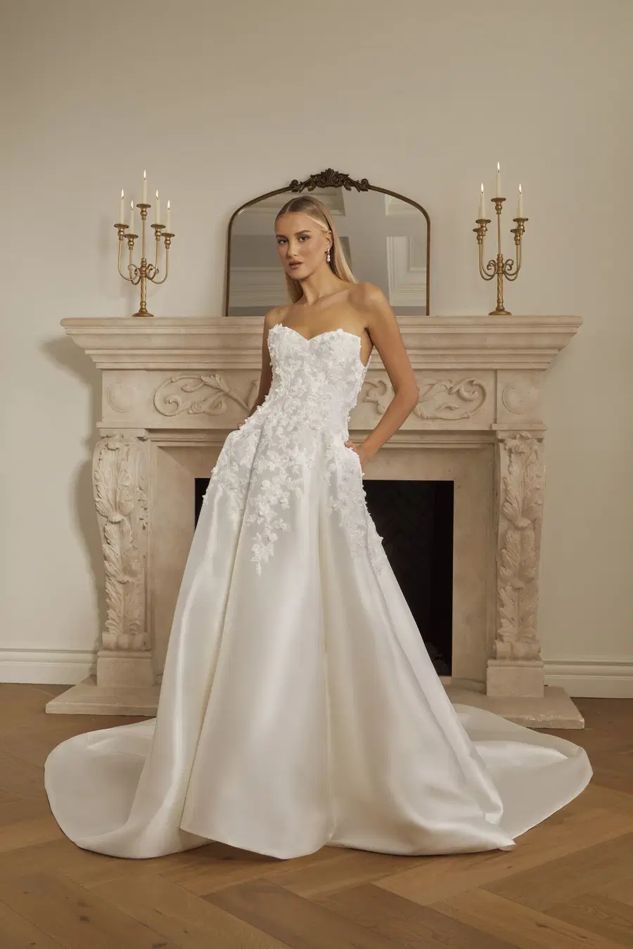 Huntington by Casablanca Bridal: Ball Gown silhouette, sweetheart neckline, short sleeves, satin