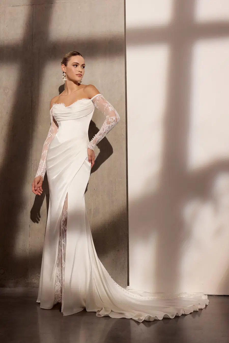 Paris by Avenue by Josephine Scott: Trumpet silhouette, off-shoulder neckline, long sleeves, lace