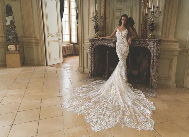 Gem by ÉLYSÉE: Mermaid silhouette, V-neck neckline, lace, chapel train