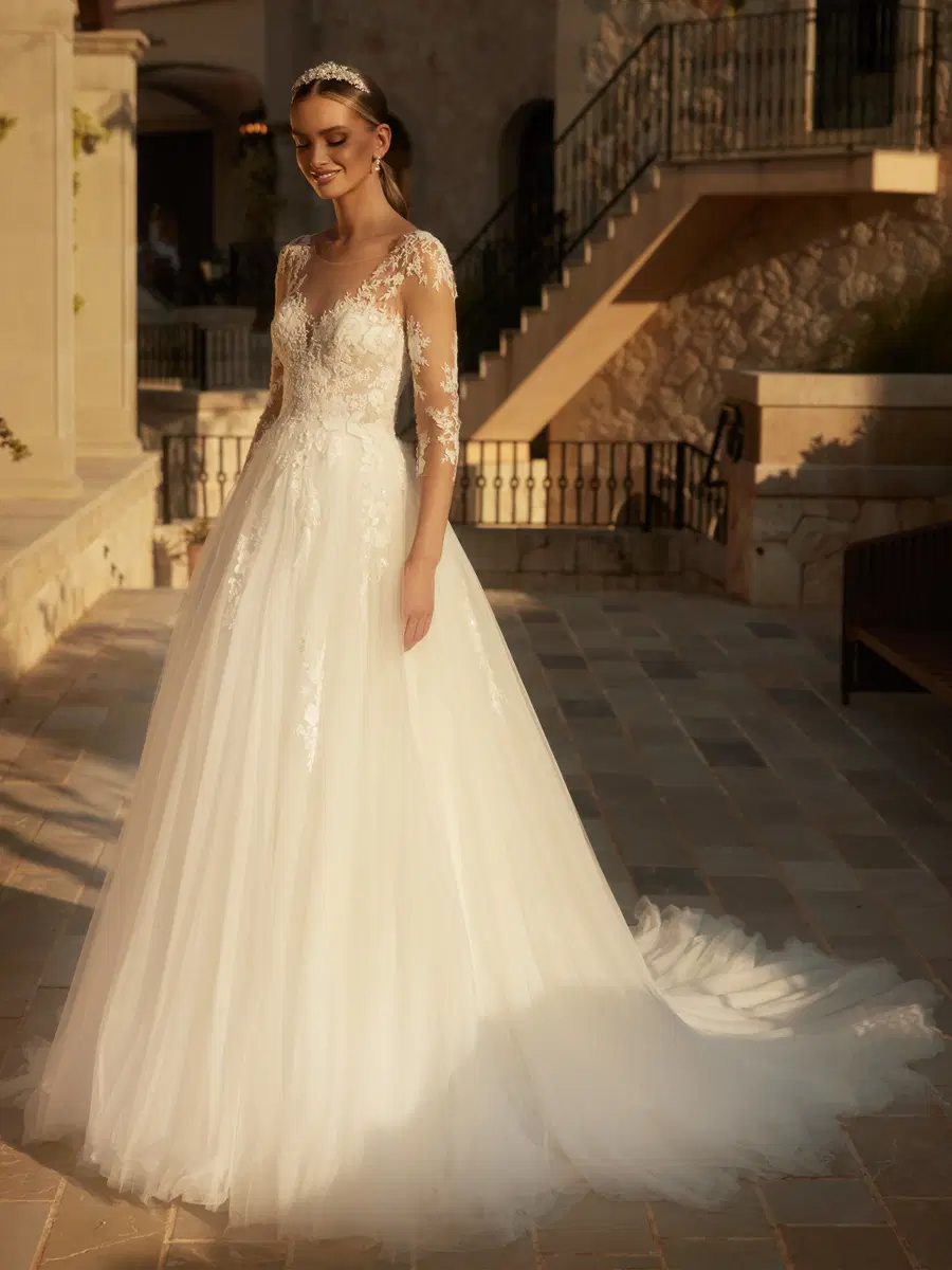 CARNELIAN by Bianco Evento: Ball Gown silhouette, V-neck neckline, long sleeves, lace