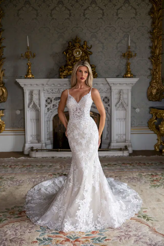 RB2236 by Rachel Allan: Mermaid silhouette, V-neck neckline, sleeveless, lace