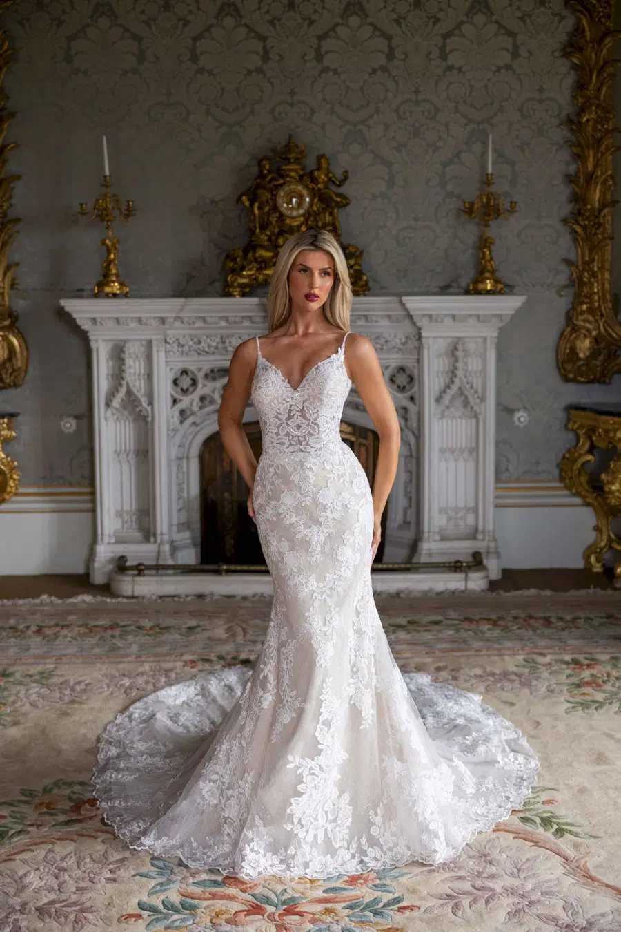 RB2236 by Rachel Allan: Mermaid silhouette, V-neck neckline, sleeveless, lace