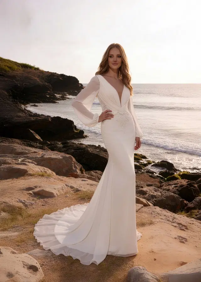 G0012 Laura by Galvan Sposa: Fit & Flare silhouette, plunge neckline, long sleeves, chiffon