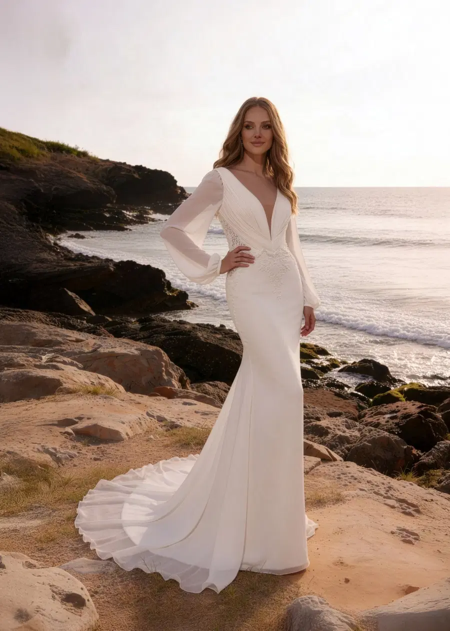 G0012 Laura by Galvan Sposa: Fit & Flare silhouette, plunge neckline, long sleeves, chiffon