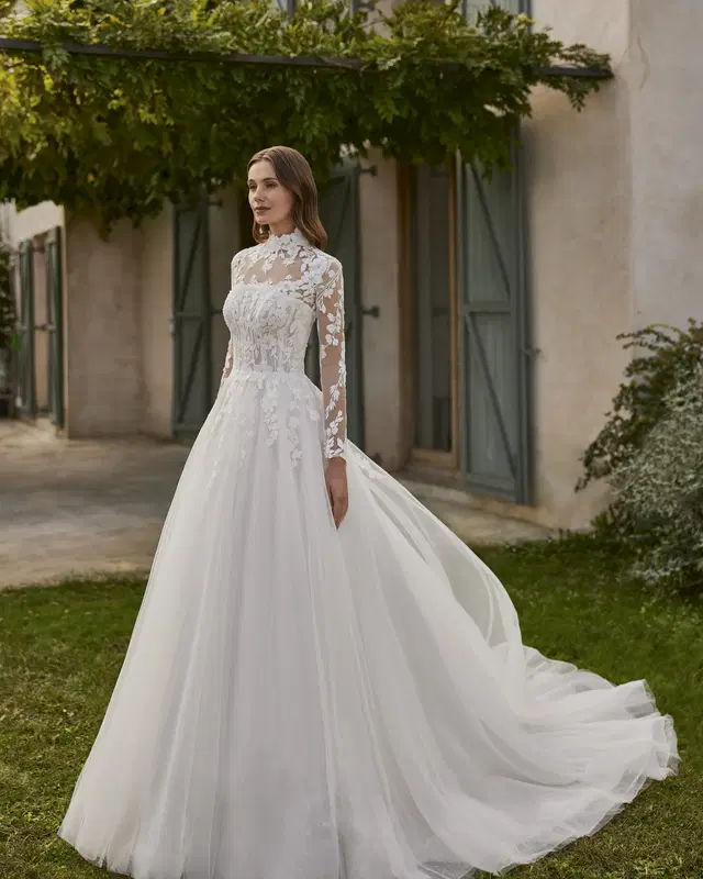 Nisara by Alma Novia: A-Line silhouette, straight neckline, separate sleeves, lace