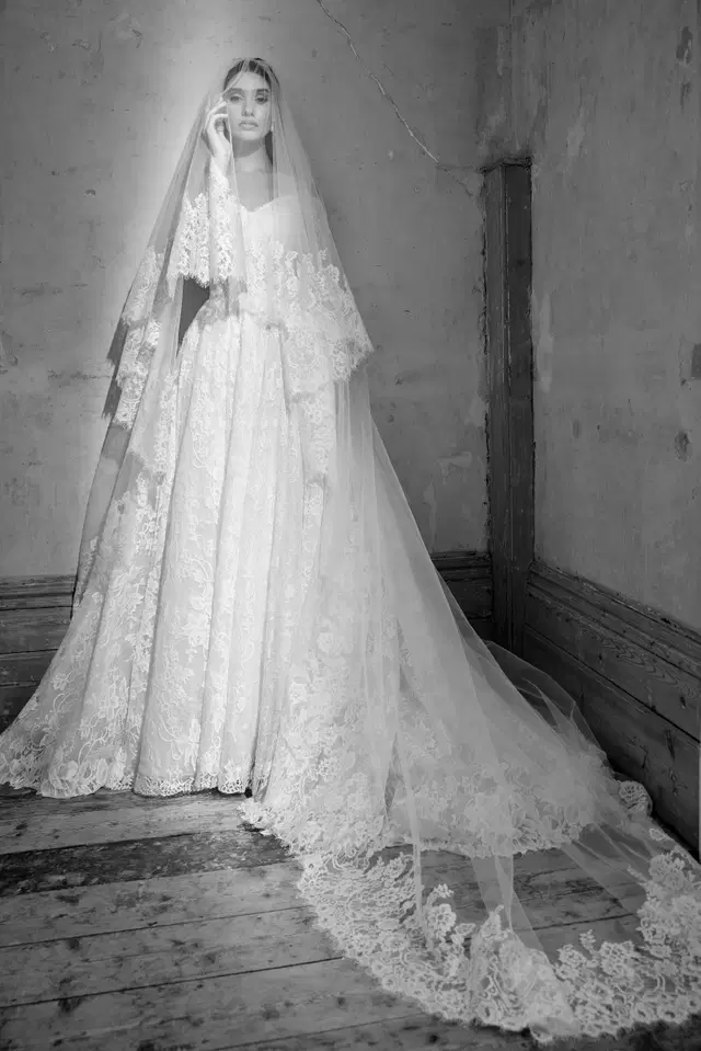 Tori by Josephine Scott: A-Line silhouette, off-shoulder neckline, long sleeves, lace