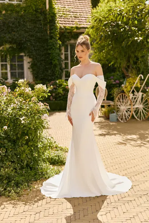Style 1143 wedding dress by Angela Bianca, fit & flare, crepe