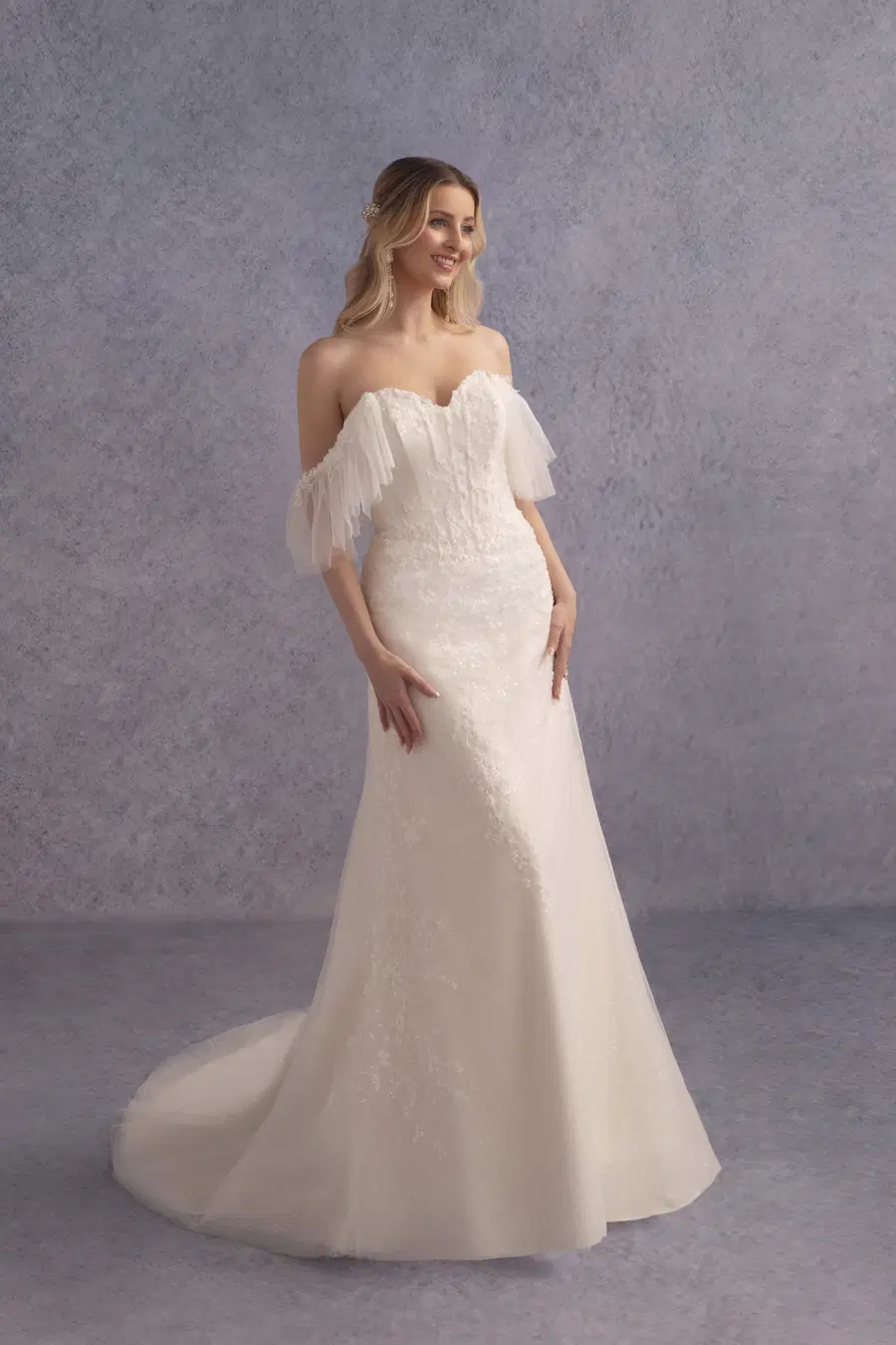 Delaney by Donna Salado Bridal: A-Line silhouette, sweetheart neckline, separate sleeves, lace