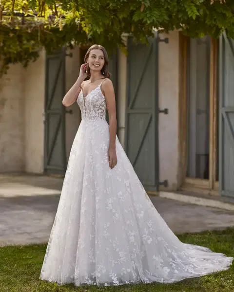 Novelia wedding dress by Alma Novia, A-line, lace