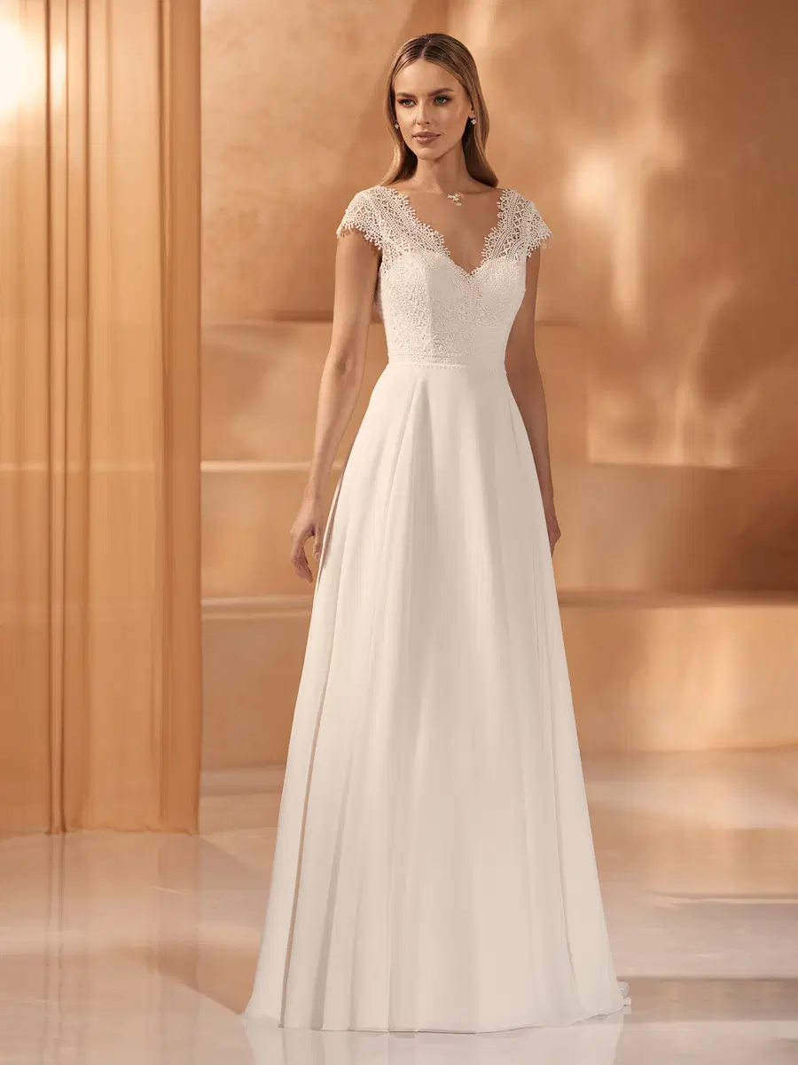 KSENA by Bianco Evento: A-Line silhouette, V-neck neckline, cap sleeves, lace