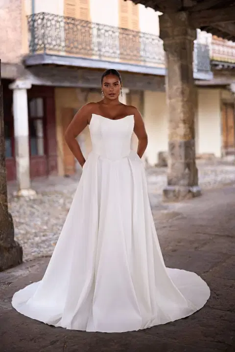 Style 27317 wedding dress by Très Chic, A-line, mikado