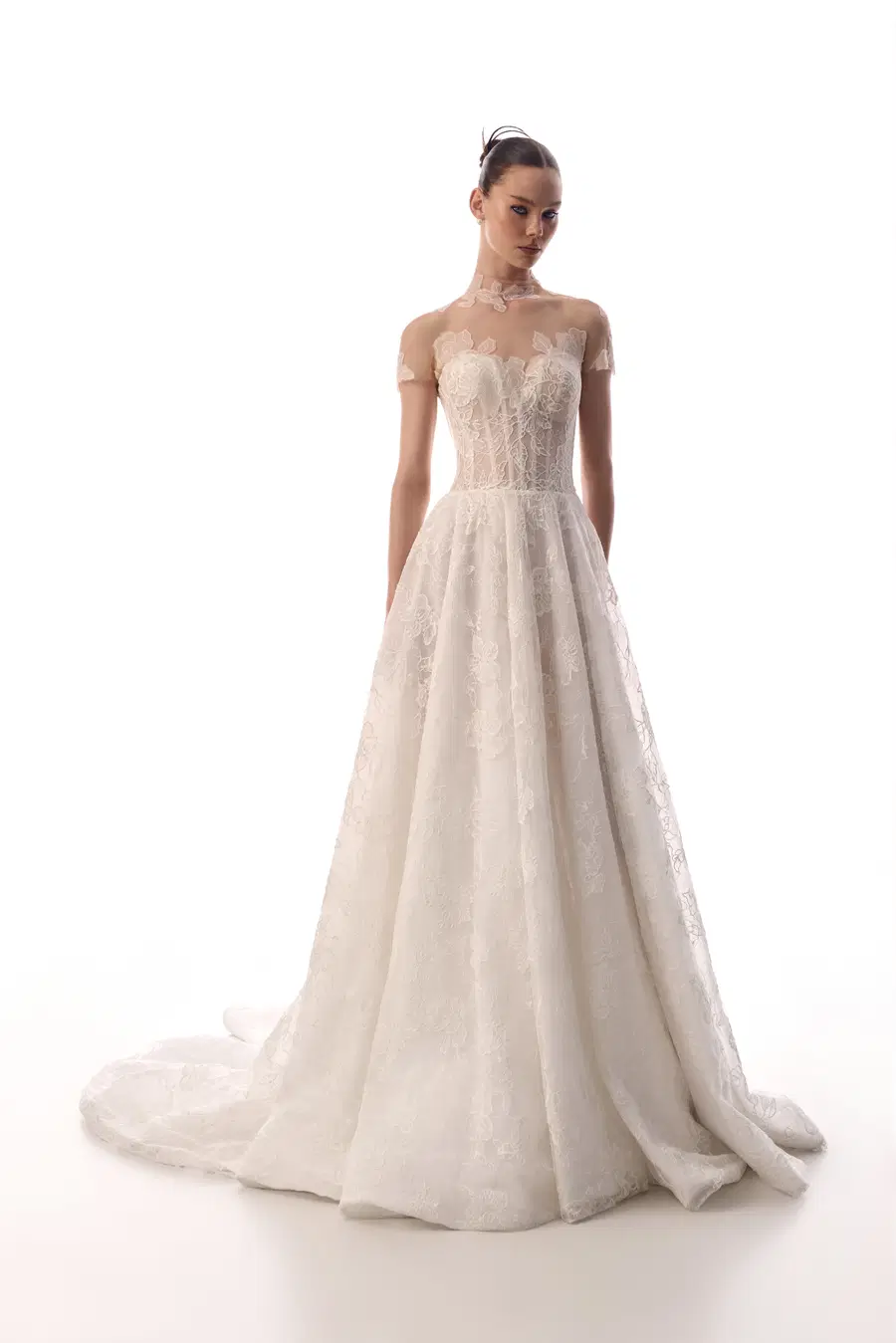 Clio by Innocentia: A-Line silhouette, illusion neckline, cap sleeves, lace