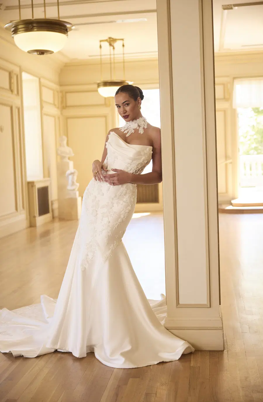 Burke by Sottero & Midgley: Fit & Flare silhouette, high / halter neckline, long sleeves, lace
