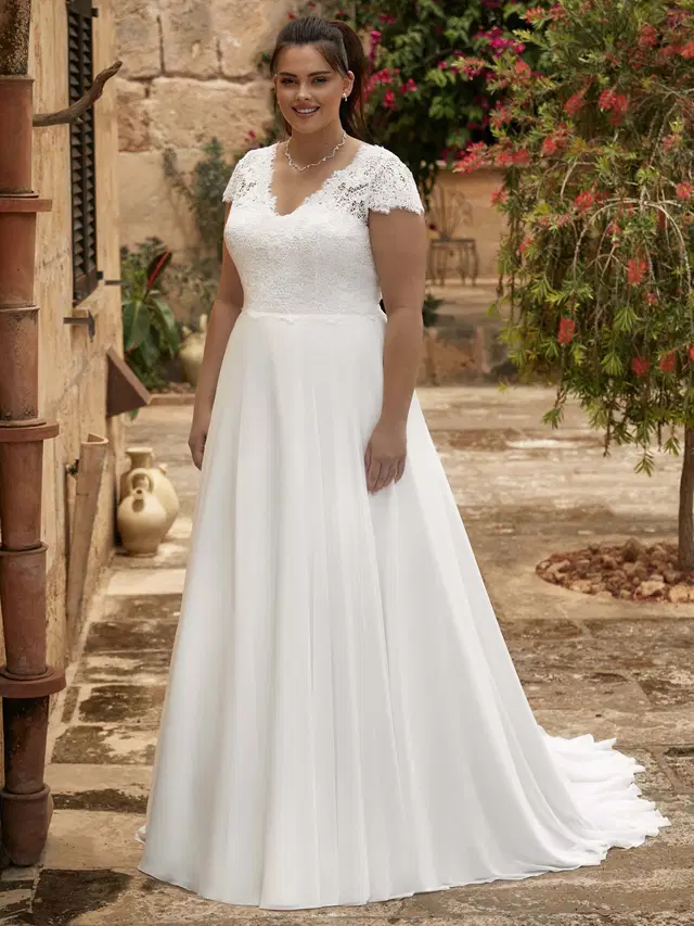 PAULA c by Bianco Evento: A-Line silhouette, V-neck neckline, short sleeves, lace