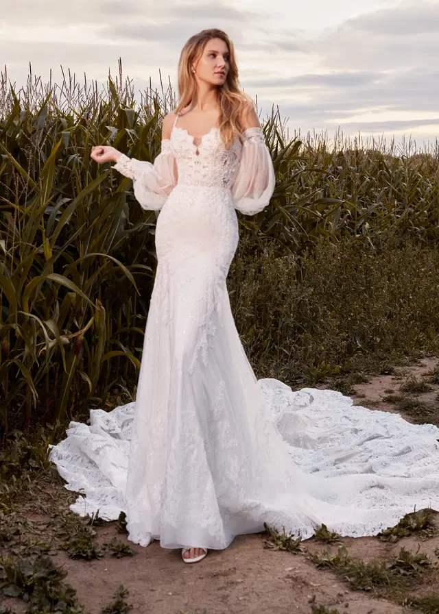 MEG RYAN by Dando London: Mermaid silhouette, V-neck neckline, long sleeves, tulle