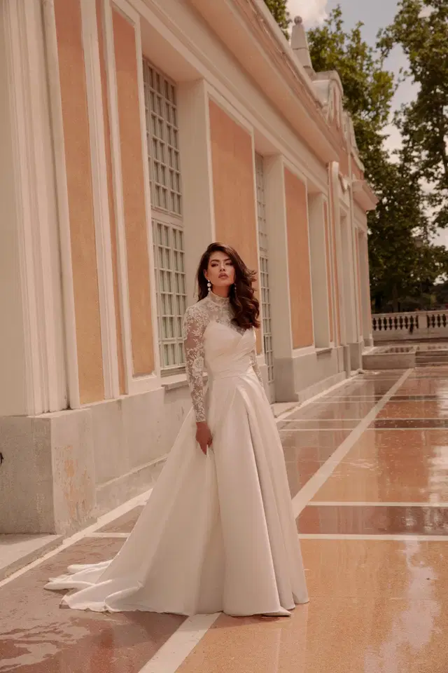 TO-2070T by Agnes: A-Line silhouette, sweetheart neckline, long sleeves, satin