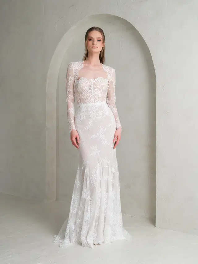Elowen + Lucienne Top by Katya Katya London: Mermaid silhouette, sweetheart neckline, long sleeves, lace