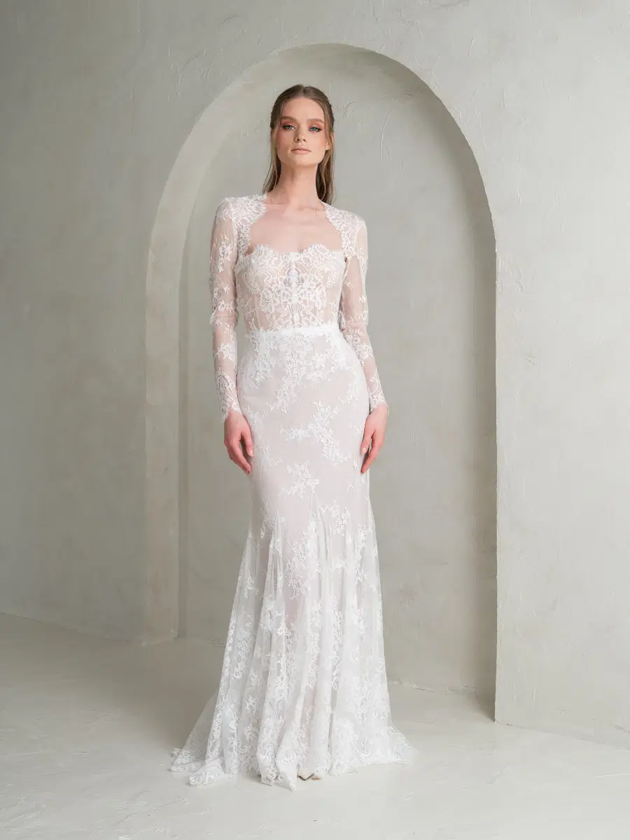 Elowen + Lucienne Top by Katya Katya London: Mermaid silhouette, sweetheart neckline, long sleeves, lace