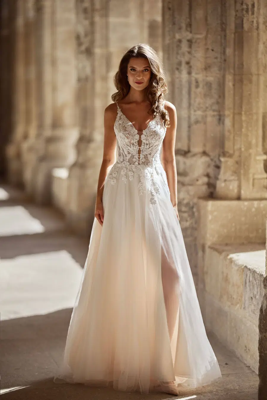27614 by Très Chic: A-Line silhouette, V-neck neckline, sleeveless, tulle