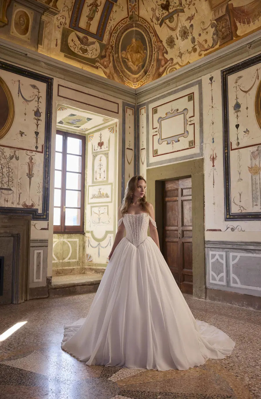 Abbary 63303 by Veni Infantino: Ball Gown silhouette, off-shoulder neckline, sleeveless, tulle