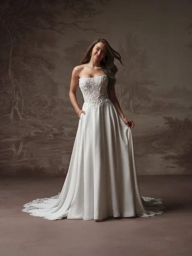HAZEL by Rebecca Ingram: A-Line silhouette, cat eye neckline, cap sleeves, lace