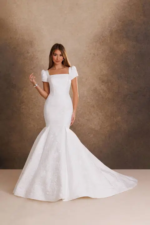 Style RB7030 wedding dress by Rachel Allan, trumpet, brocade