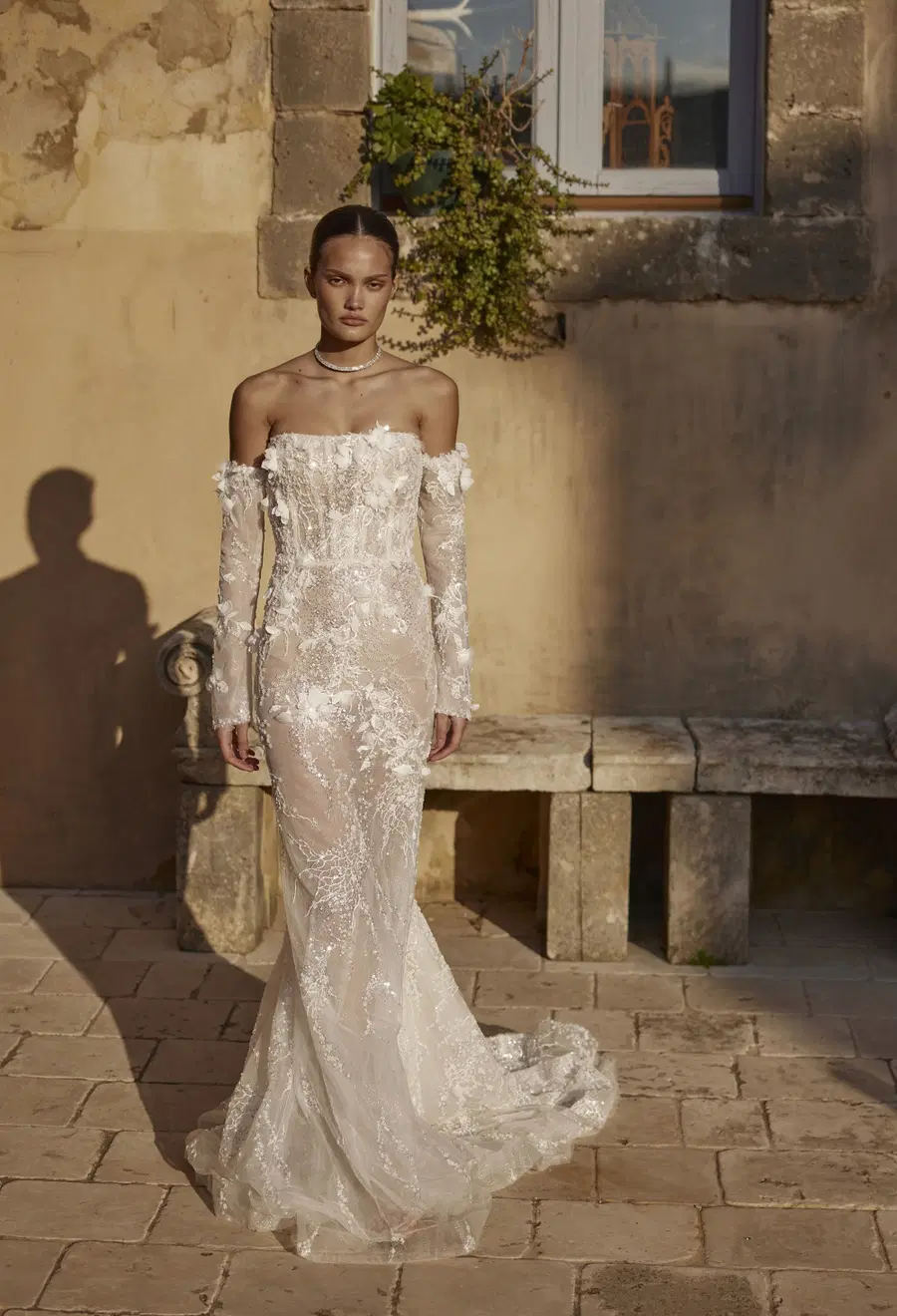 Salerno 25-003 by Ricca Sposa: Mermaid silhouette, straight neckline, long sleeves, lace