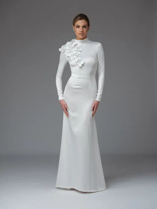 Rosa + Flower by Katya Katya London: A-Line silhouette, high / halter neckline, long sleeves, satin