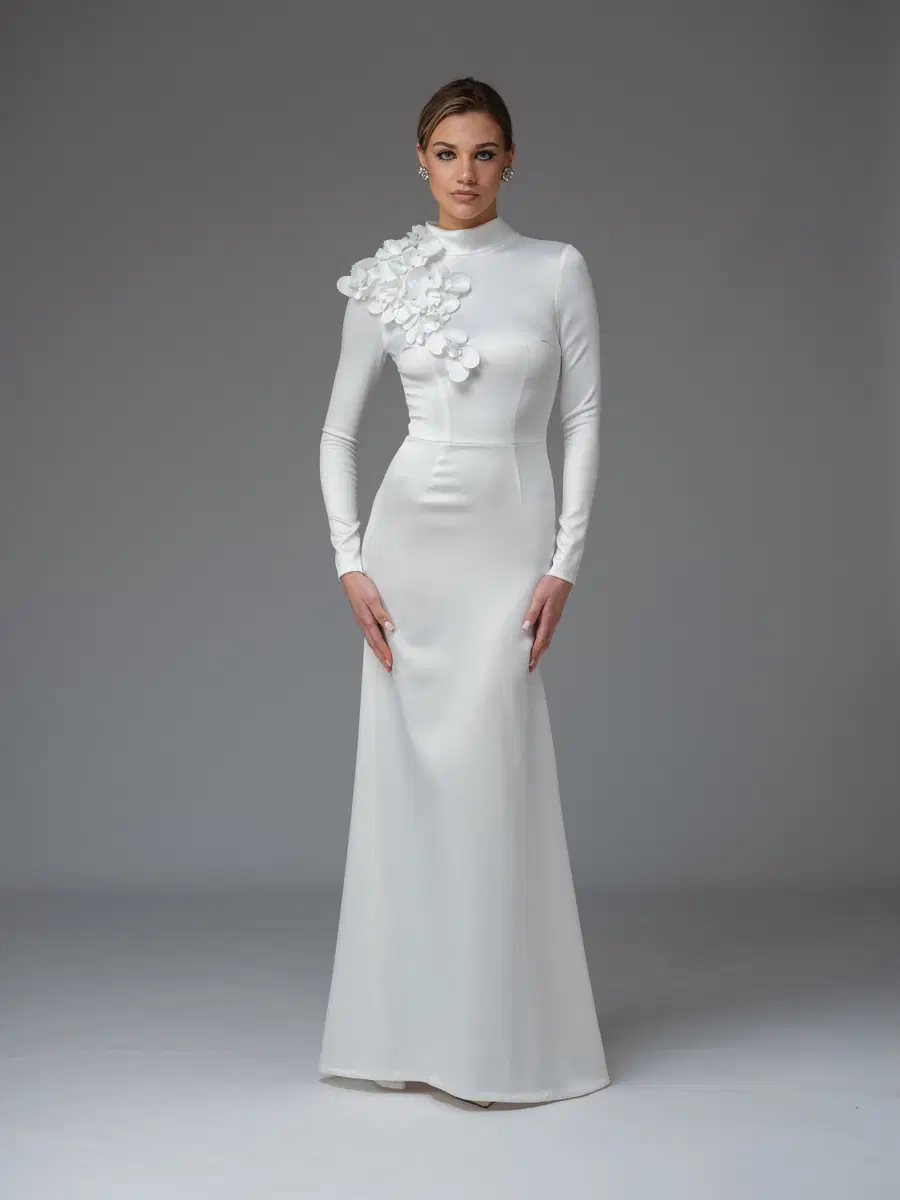 Rosa + Flower by Katya Katya London: A-Line silhouette, high / halter neckline, long sleeves, satin