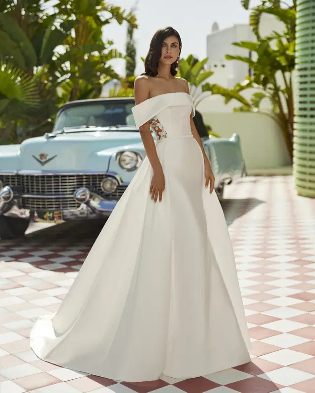Jossie by Luna Novias: Mermaid silhouette, off-shoulder neckline, sleeveless, mikado