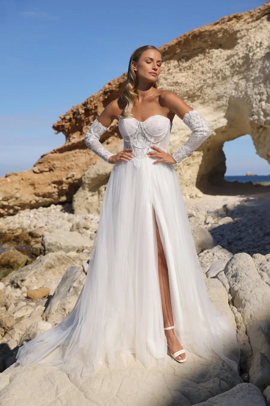 Billy by Azuree Bridal: A-Line silhouette, sweetheart neckline, separate sleeves, lace