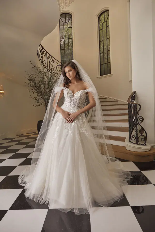 Corinne by Casablanca Bridal: A-Line silhouette, V-neck neckline, short sleeves, lace