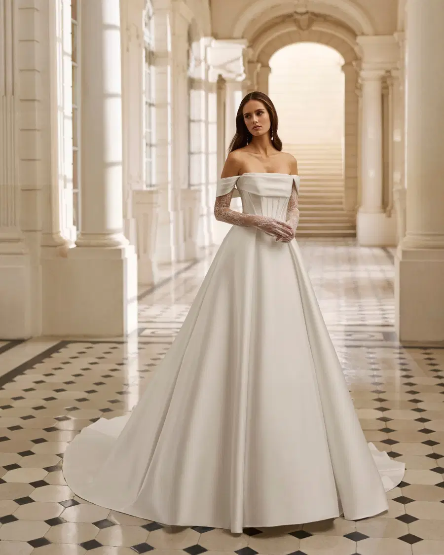 BREDA by Aire Barcelona: Ball Gown silhouette, off-shoulder neckline, separate sleeves, mikado