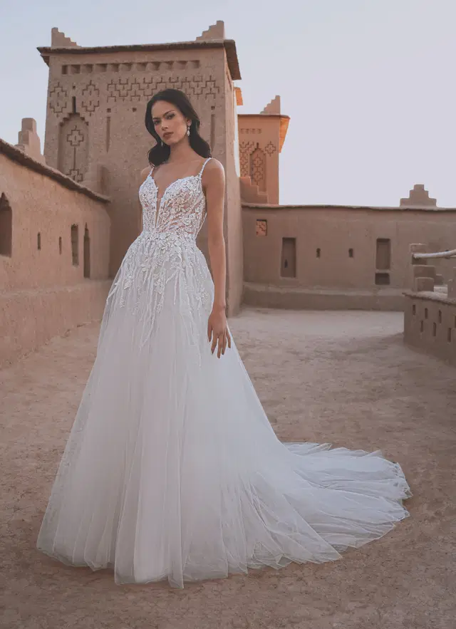 Tillie by Enzoani: A-Line silhouette, V-neck neckline, lace