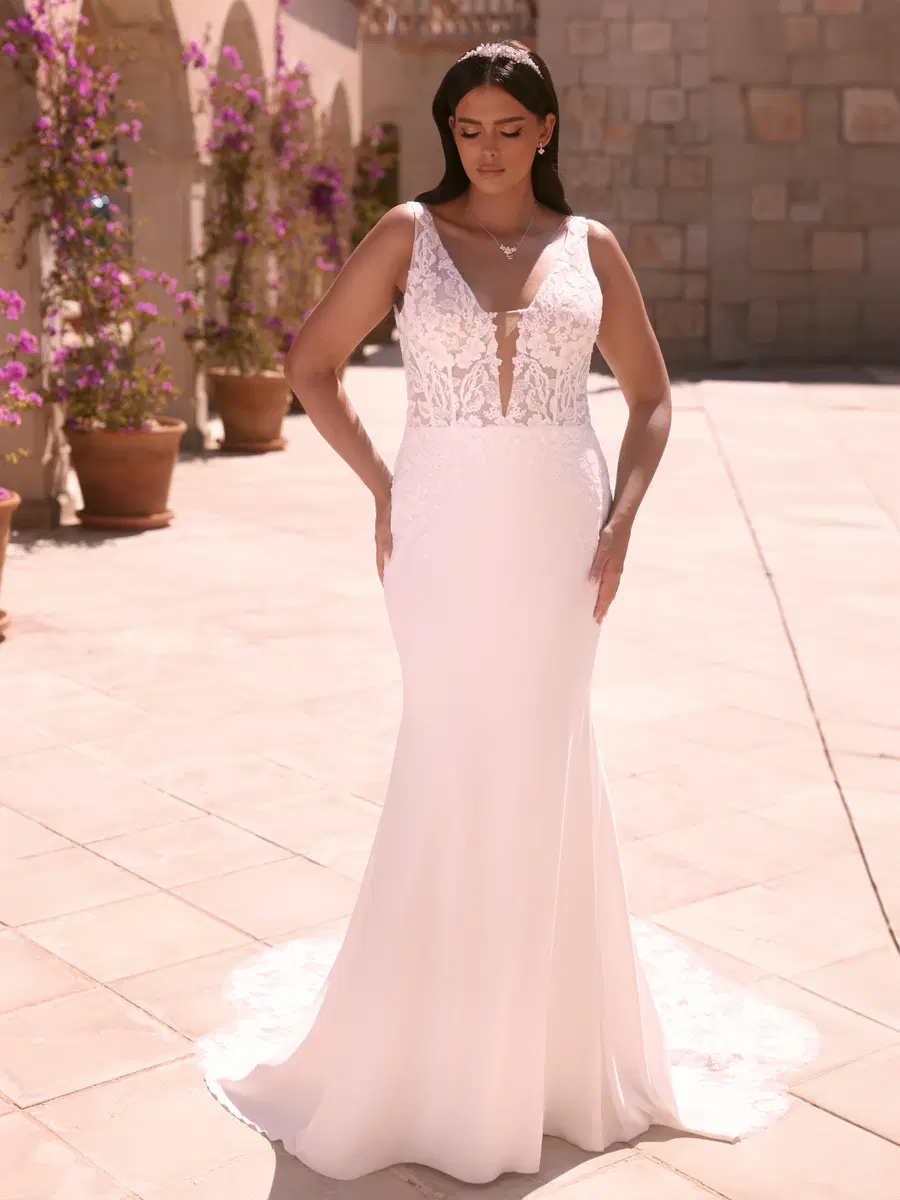 Nireus c by Bianco Evento: Mermaid silhouette, deep V-neck neckline, sleeveless, lace