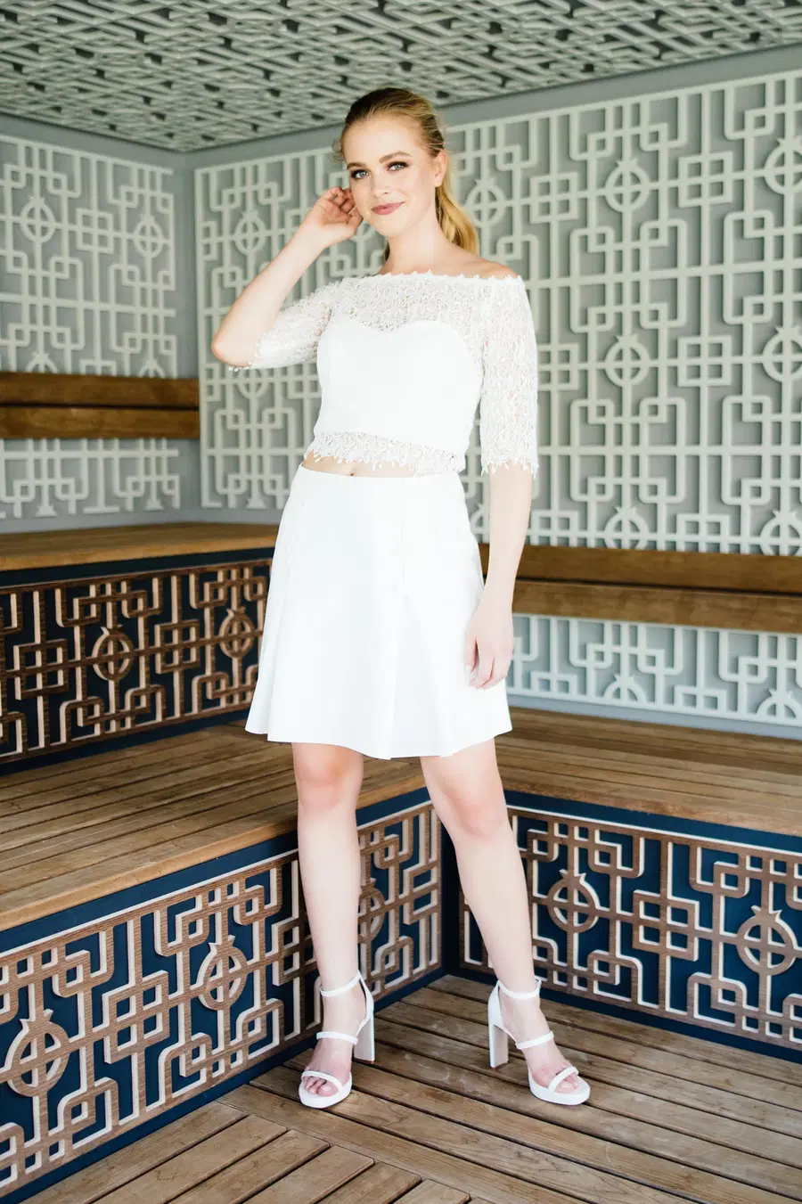 Minirock S-1048 by KUESS die BRAUT: Short silhouette, off-shoulder neckline, short sleeves, cotton