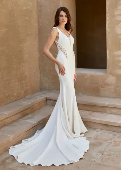 Cherry Blossom wedding dress by Dando London, fit & flare, crepe