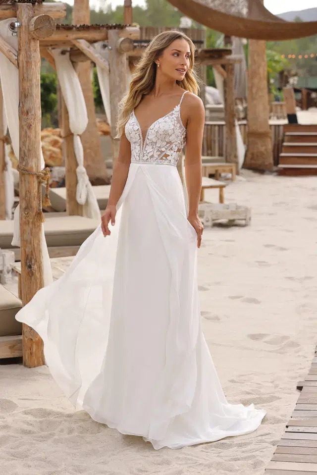Alexandra by Azuree Bridal: Straight silhouette, deep V-neck neckline, chiffon