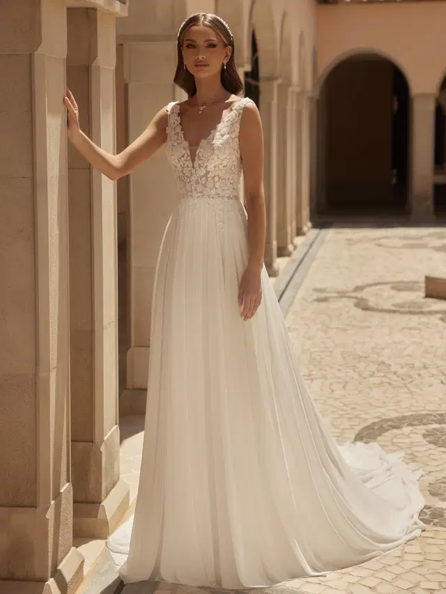 FLUORITE by Bianco Evento: A-Line silhouette, deep V-neck neckline, sleeveless, lace